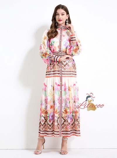 Palace Style Retro Flower Print Long Sleeves Dress