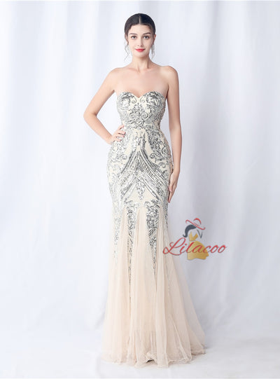 Strapless Tulle Sequins Prom Dress