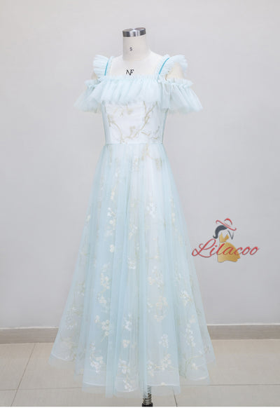 Embroidered Blue Backless Banquet Dress