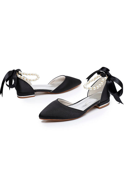 Flat-heeled Pointed Satin Beaded Bridal Shoes