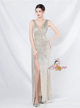 V-neck Sequins Split Prom Dress