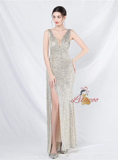 V-neck Sequins Split Prom Dress