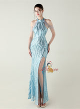 Mermaid Sequins Halter Backless Beading Prom Dress