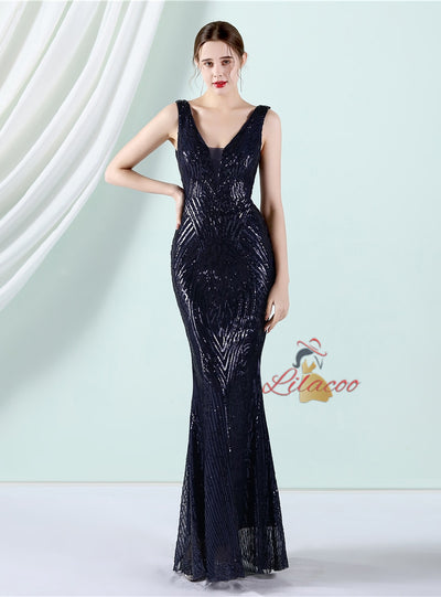 V-neck Mermaid Sequins Sleeveless Prom Dress
