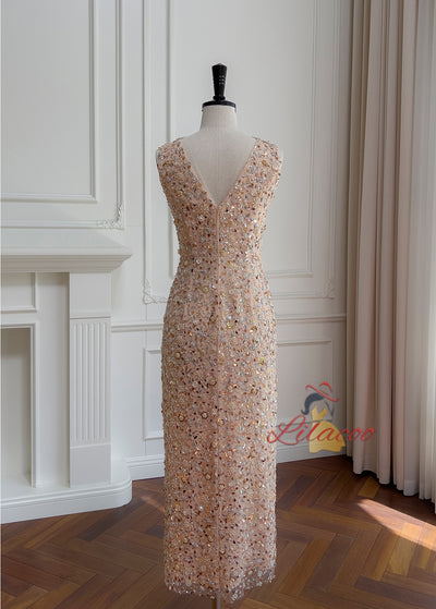 Gold Sequins V-neck Beading Prom Dress