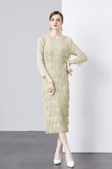 Long Sleeve Cake Pleated Fringed Dress