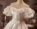 White Satin Puff Sleeve Wedding Dress