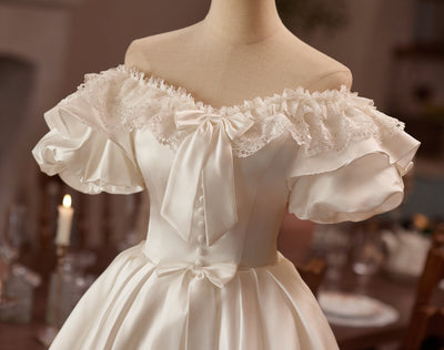 White Satin Puff Sleeve Wedding Dress