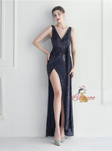 V-neck Sequins Pleats Split Prom Dress
