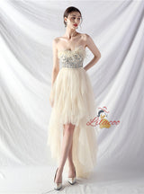 Hi Lo Tulle Strapless Sequins Prom Dress