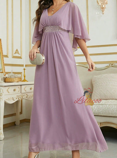 Navy Blue Chiffon V-neck Prom Dress