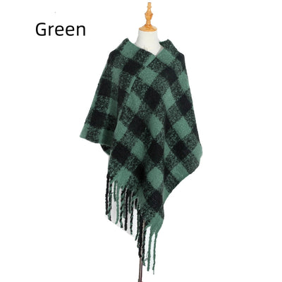 Thick Tassels Padded Plaid Shawl Cloak