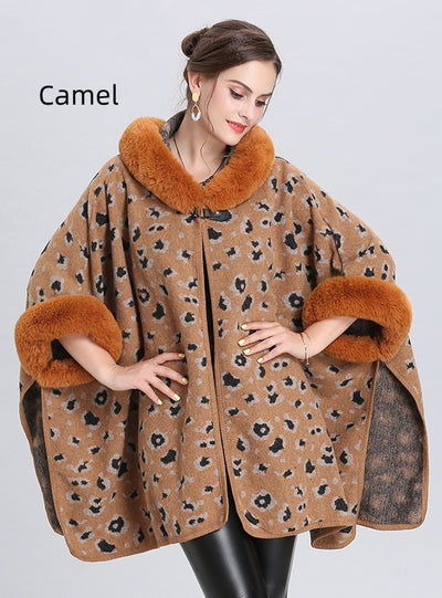 Loose Leopard Print Hooded Knitted Cloak Shawl Coat