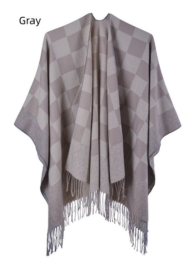 Fringed Shawl Fashion Plaid Split Cloak