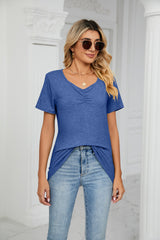 Thin V-neck Pleated Casual T-shirt
