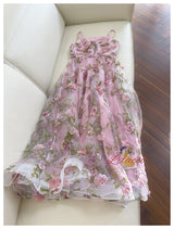 Pink Tulle Print 3D Flower Prom Dress