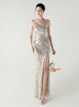 Mermaid One Shoulder Sequins Split Prom Dress