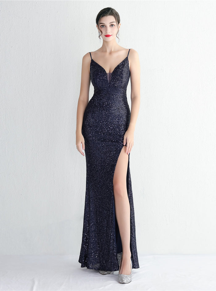 Sequins Spaghetti Straps Backless Beading Prom Dress