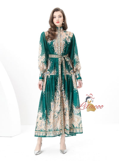 Palace Stand-up Printed Breasted Dress