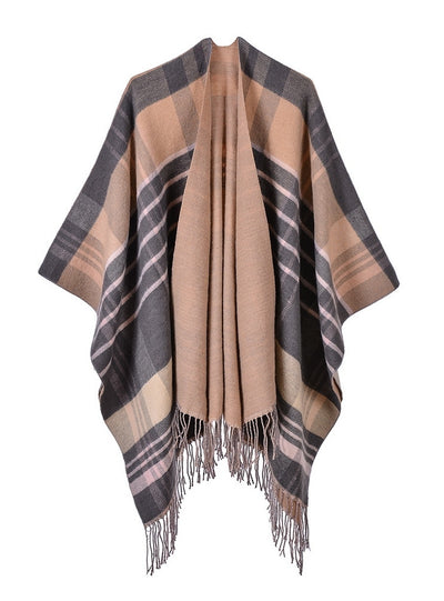 Cashmere-like Warm Shawl with Plaid Tassels