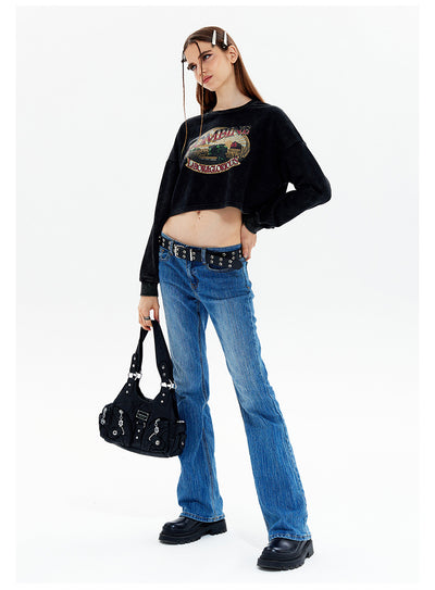 Retro Slim Short Round Neck Long Sleeve T-shirt