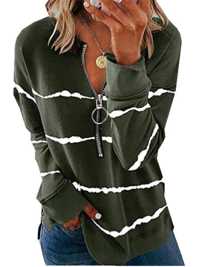 Striped Zipper V-neck Long Sleeve Loose T-shirt