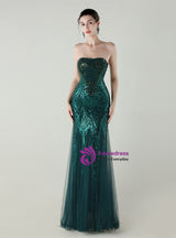 Mermaid Tulle Sequins Strapless Beading Prom Dress
