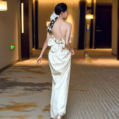 Ivory Satin Strapless Flower Wedding Dress