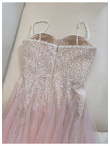 Pink Tulle Lace Straps Prom Dress
