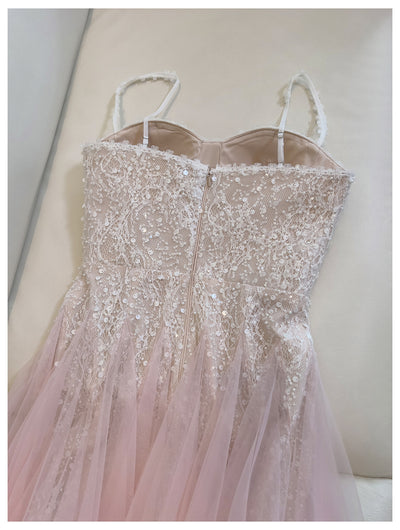 Pink Tulle Lace Straps Prom Dress