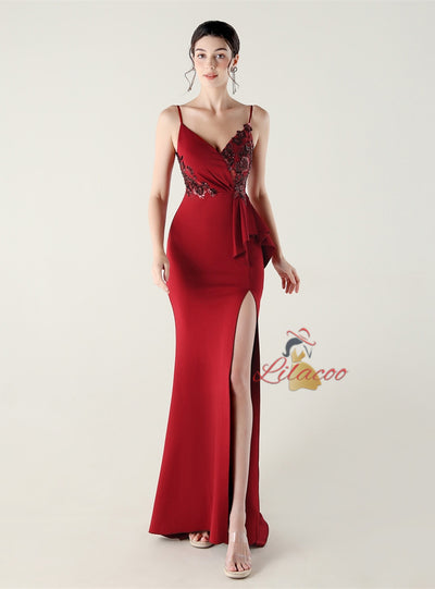 Mermaid Spaghetti Straps Sequins Split Prom Dress