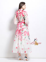 Lantern Sleeve Printed Chiffon Shirt+Skirt Suit