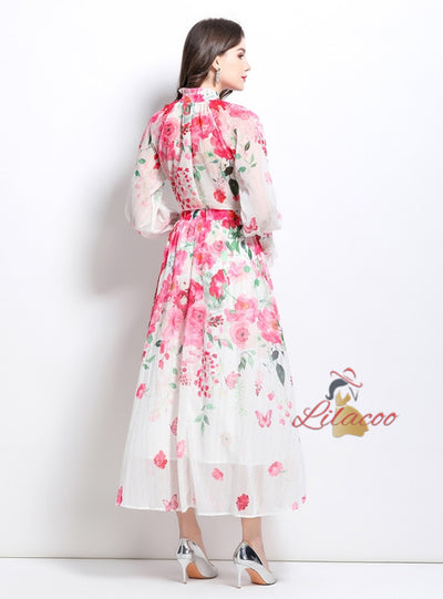 Lantern Sleeve Printed Chiffon Shirt+Skirt Suit