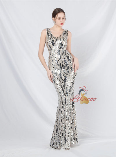 V-neck Mermaid Sequins Prom Dress