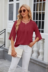 Solid Color Round Neck Short Sleeve Chiffon Shirt