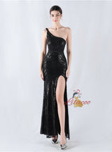 One Shoulder Sequins Beading Prom Dress
