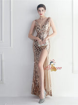 Gold Mermaid V-neck Prom Dress