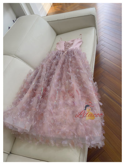 Pink Sequins Straps Sequins Flower Prom Dress