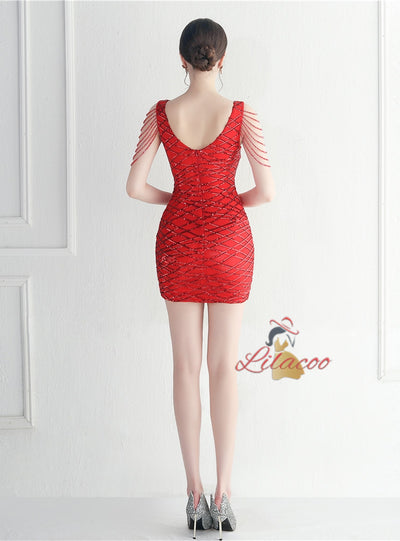 V-neck Sequins Beading Short Prom Dress