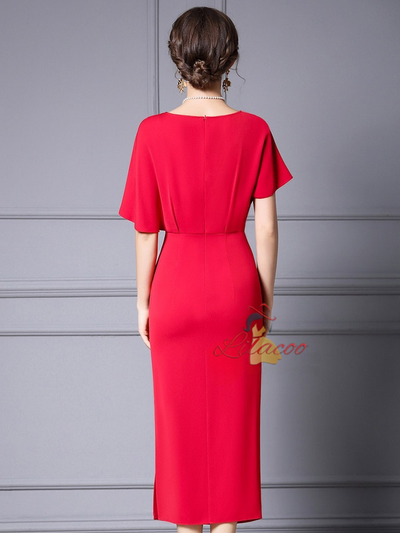 Red Pleats Mother of the Bride Dress