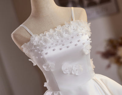 White Satin Straps Flower Pearls Wedding Dress
