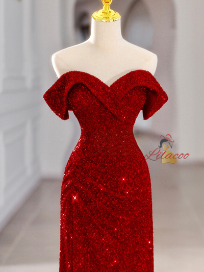 Blue Sequins Off the Shoulder Pleats Prom Dress