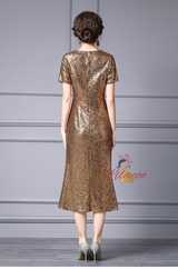 Gold Sequins Beading Short Sleeve Mother Of The Bride Dress