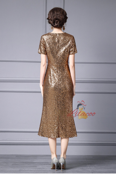 Gold Sequins Beading Short Sleeve Mother Of The Bride Dress