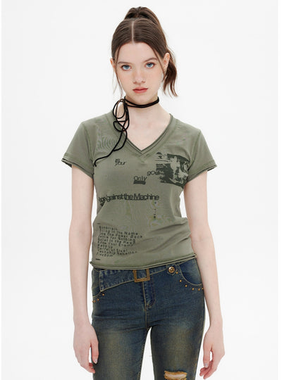 Retro Printed V-neck Short Sleeve T-shirt