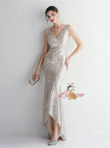 V-neck Sequins Hi Lo Beading Prom Dress