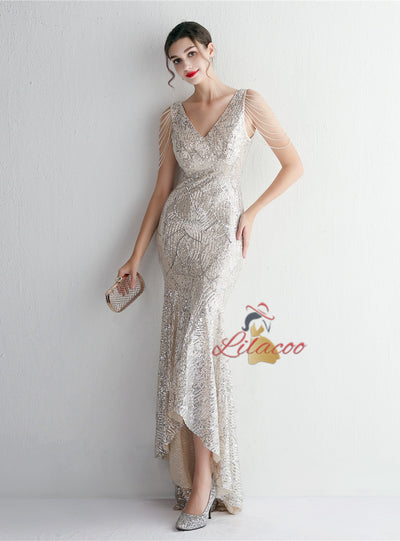 V-neck Sequins Hi Lo Beading Prom Dress