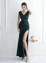 Mermaid Sequins V-neck Cap Sleeve Beading Prom Dress