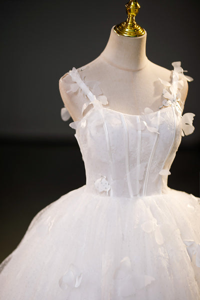 White Ball Gown Tulle Flower Wedding Dress