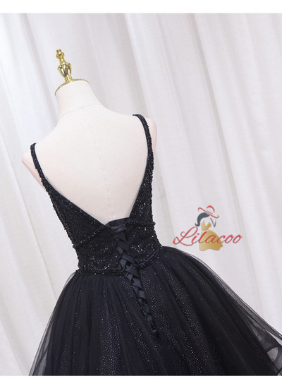 Black Tulle Sequins Straps Beading Homecoming Dress